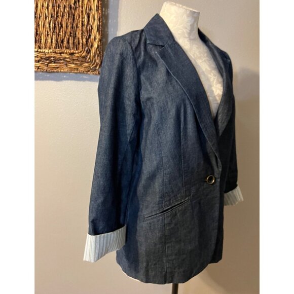 Trina Turk Blue Denim Jacket 6 Small Cotton Rolled Cuff Lightweight - Picture 6 of 9